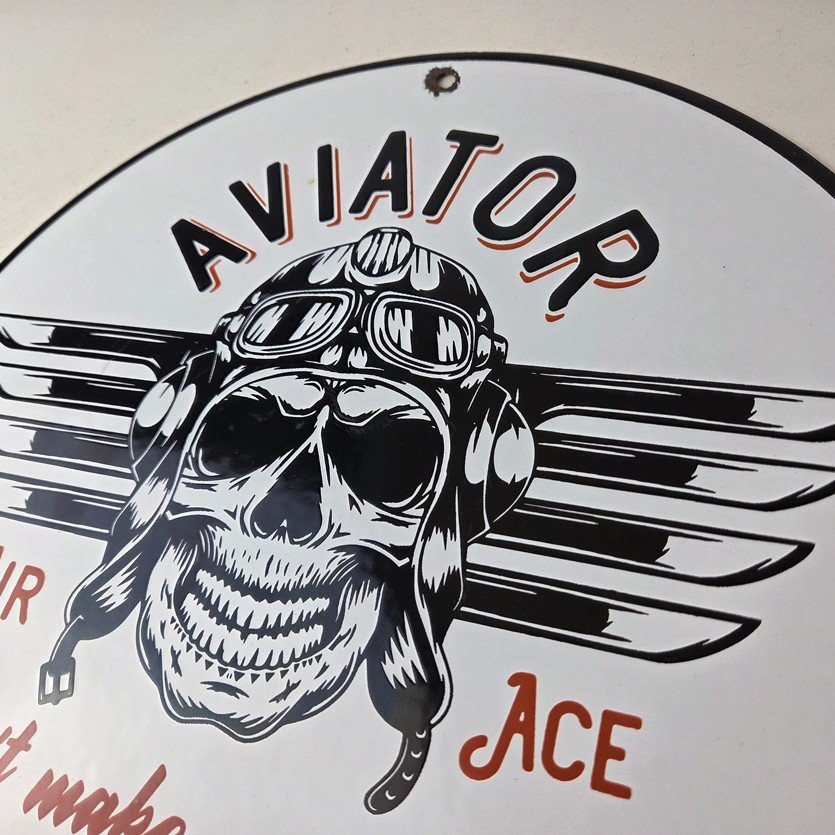Vintage Air Ace Sign - Fly Aviation Aviator Skull Service Gas Porcelain Sign - Image 12