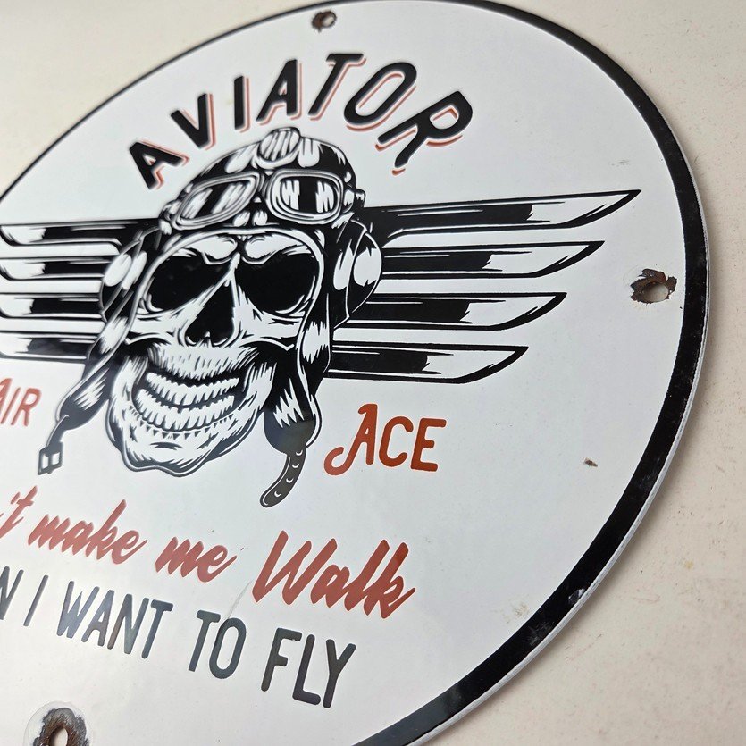 Vintage Air Ace Sign - Fly Aviation Aviator Skull Service Gas Porcelain Sign - Image 13