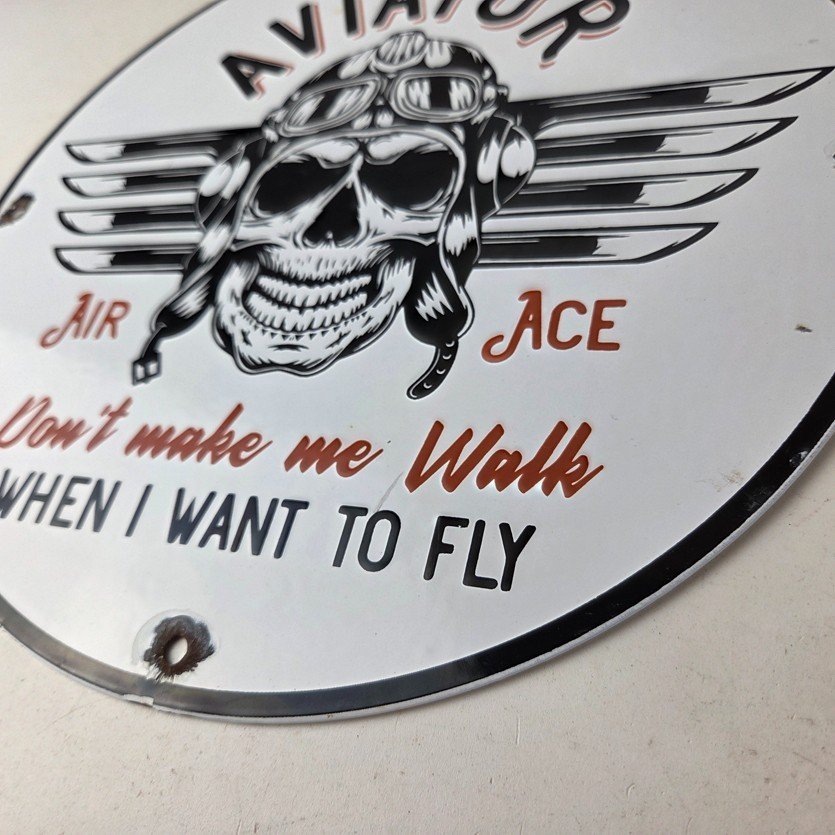 Vintage Air Ace Sign - Fly Aviation Aviator Skull Service Gas Porcelain Sign - Image 14