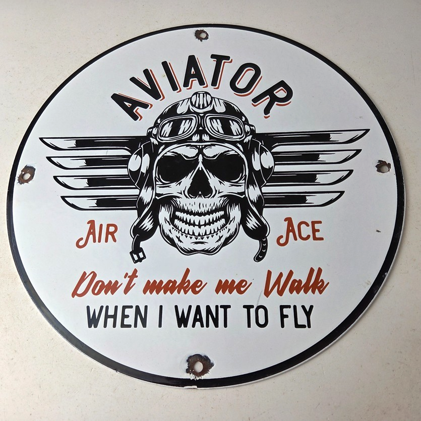 Vintage Air Ace Sign - Fly Aviation Aviator Skull Service Gas Porcelain Sign - Image 15