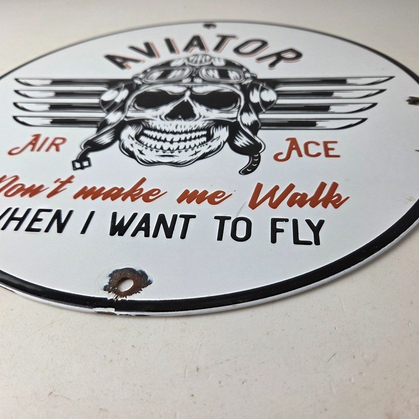 Vintage Air Ace Sign - Fly Aviation Aviator Skull Service Gas Porcelain Sign - Image 10
