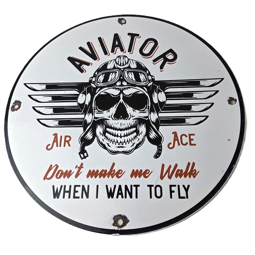Vintage Air Ace Sign - Fly Aviation Aviator Skull Service Gas Porcelain Sign