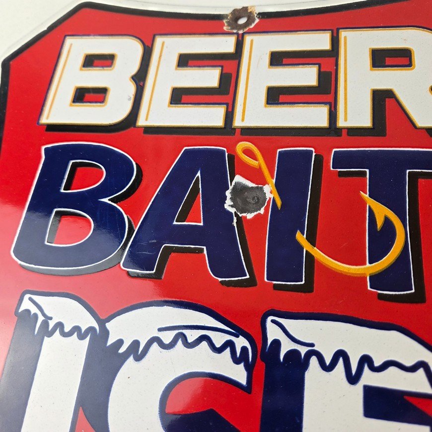 Vintage Beer Bait ICE Ammo Sign - Gun Shop Porcelain Gas Station Store Ad Sign - Image 3