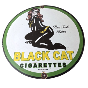 Vintage Black Cat Cigarettes Sign - Porcelain Cat Woman Gas Pump Plate Sign