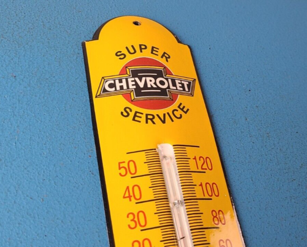 Vintage Chevrolet Auto Sign Service Gas Pump Sign on Porcelain Thermometer 305728785237 3