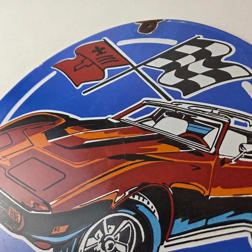 Vintage Chevrolet Corvette Porcelain Sign - American Service Gas Oil Racing Sign - Image 12