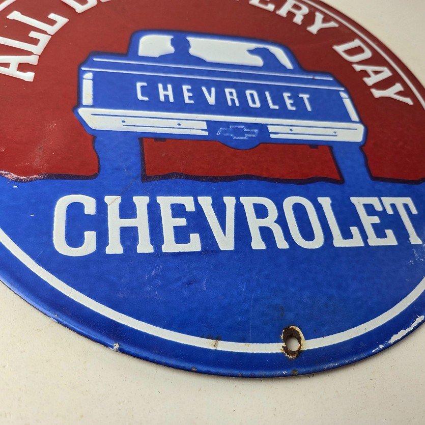Vintage Chevrolet Porcelain Sign - Service Gas Pump Chevy All Day Man / Dog Sign - Image 11