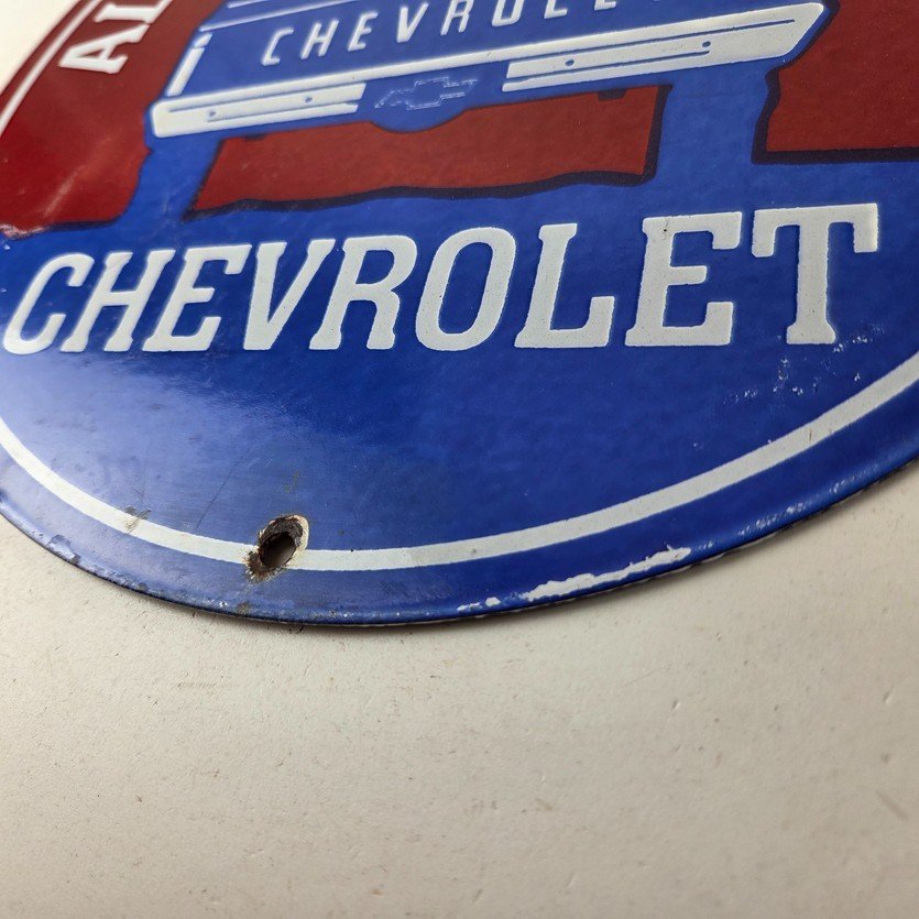 Vintage Chevrolet Porcelain Sign - Service Gas Pump Chevy All Day Man / Dog Sign - Image 14