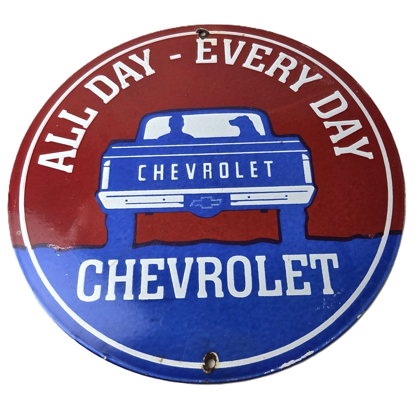 Vintage Chevrolet Porcelain Sign - Service Gas Pump Chevy All Day Man / Dog Sign