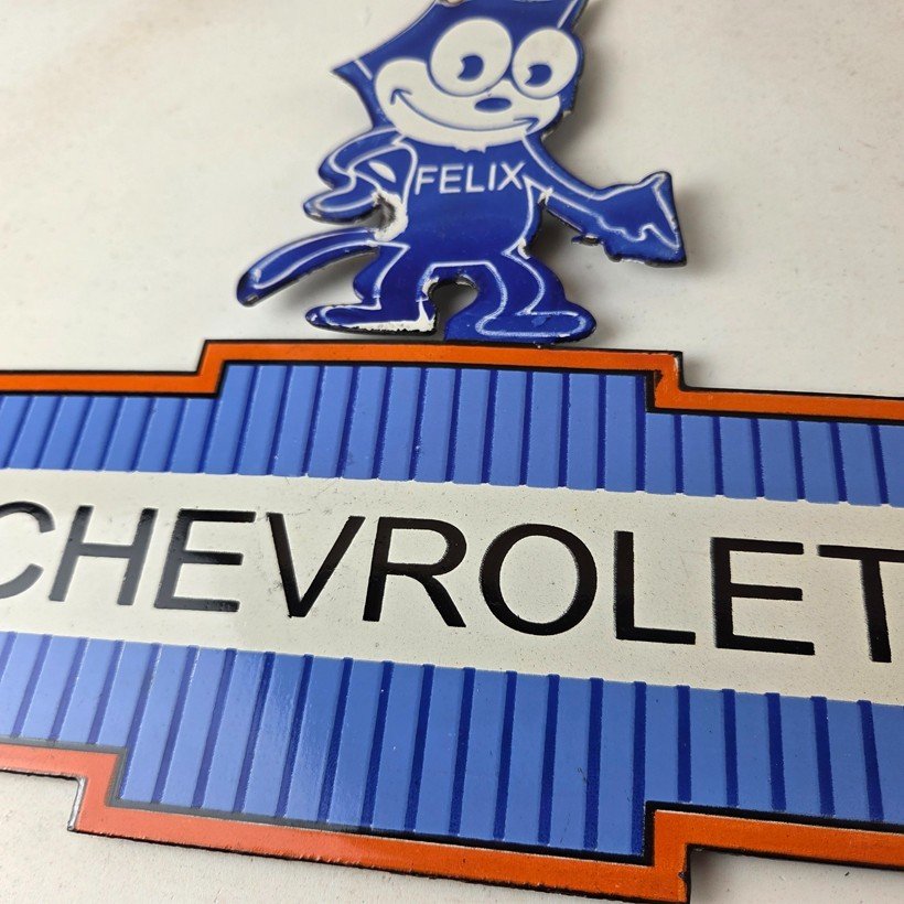 Vintage Chevrolet Sign - Felix Dont Touch Automobile Gas Pump Porcelain Sign - Image 4
