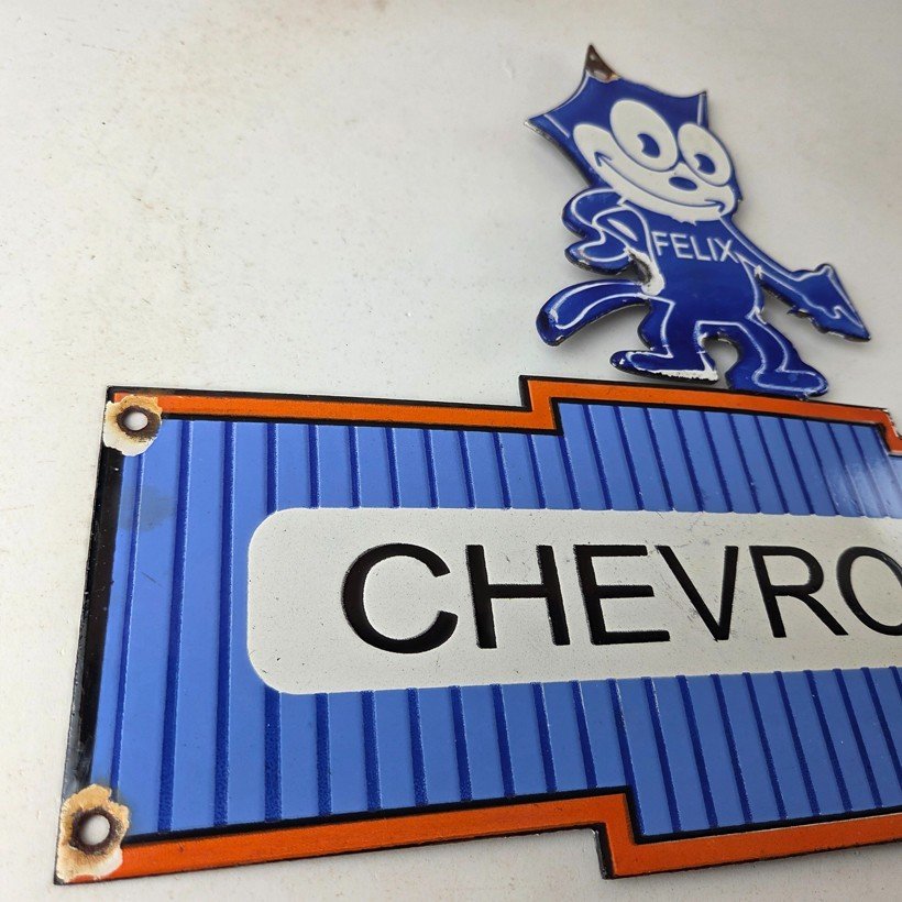 Vintage Chevrolet Sign - Felix Dont Touch Automobile Gas Pump Porcelain Sign - Image 6