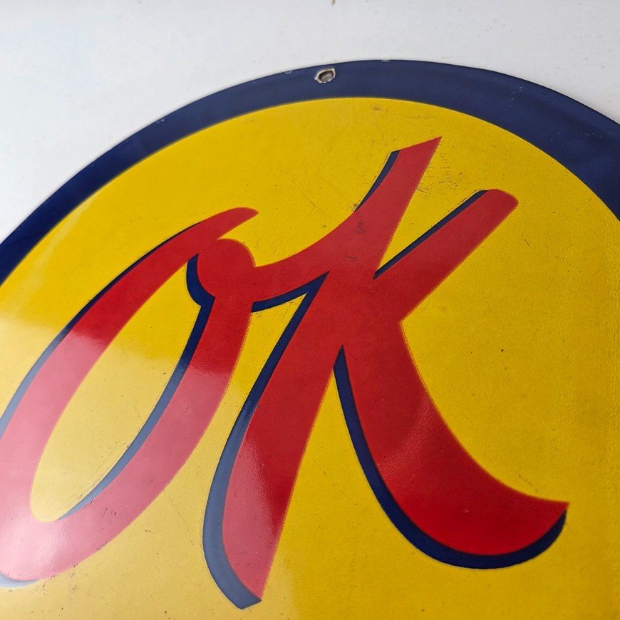 Vintage Chevrolet Sign - Porcelain OK Used Cars Gas Oil Pump Garage Sign - Image 11