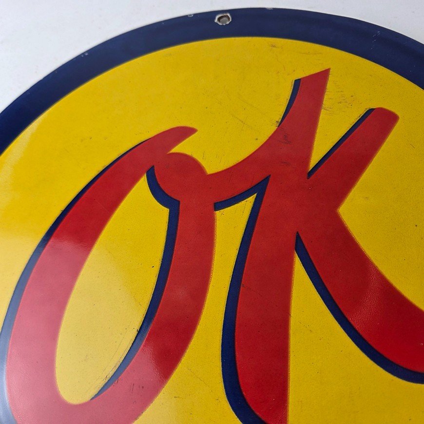 Vintage Chevrolet Sign - Porcelain OK Used Cars Gas Oil Pump Garage Sign - Image 3