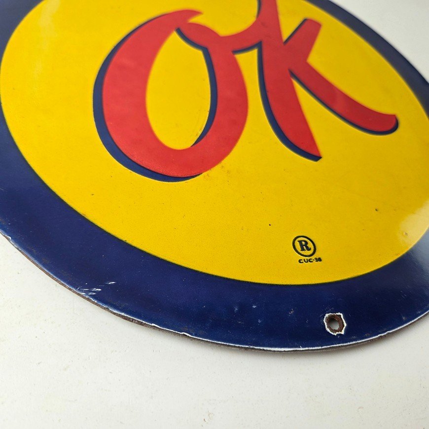 Vintage Chevrolet Sign - Porcelain OK Used Cars Gas Oil Pump Garage Sign - Image 10