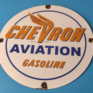 Vintage Chevron Gasoline Sign - Aviation Gas Pump Plate Service Porcelain Sign