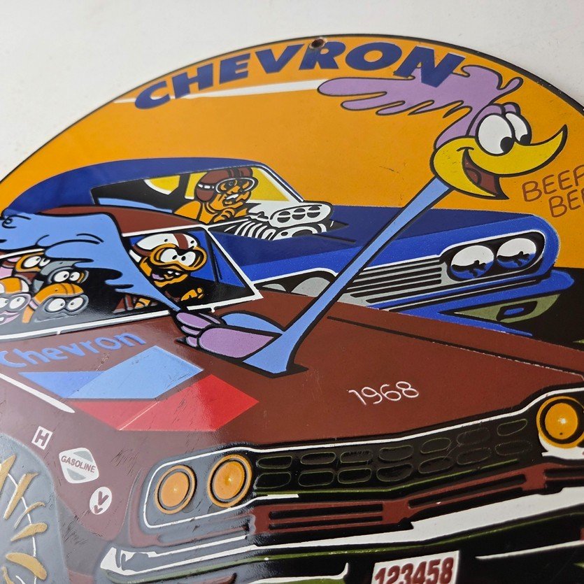Vintage Chevron Gasoline Sign - Mopar Road Runner Racing Auto Gas Porcelain Sign - Image 12