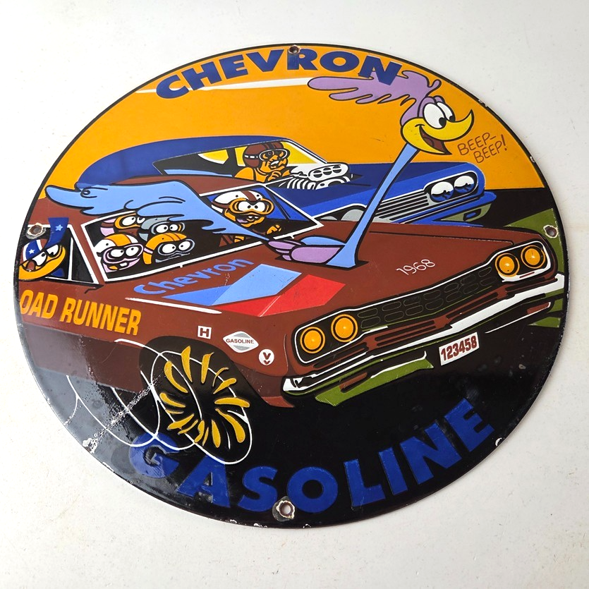 Vintage Chevron Gasoline Sign - Mopar Road Runner Racing Auto Gas Porcelain Sign - Image 15