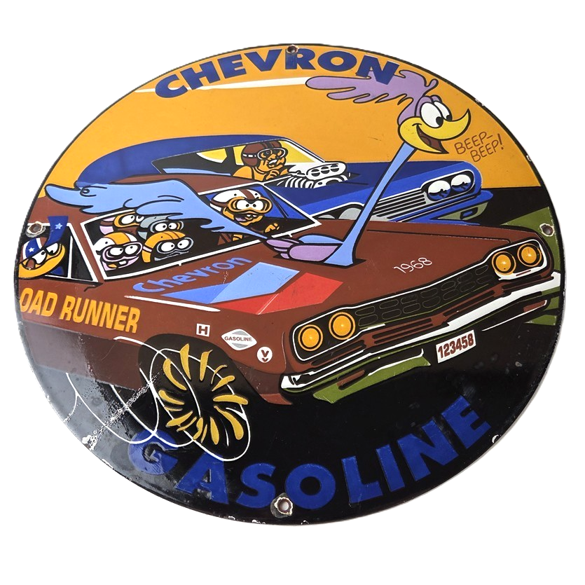 Vintage Chevron Gasoline Sign - Mopar Road Runner Racing Auto Gas Porcelain Sign