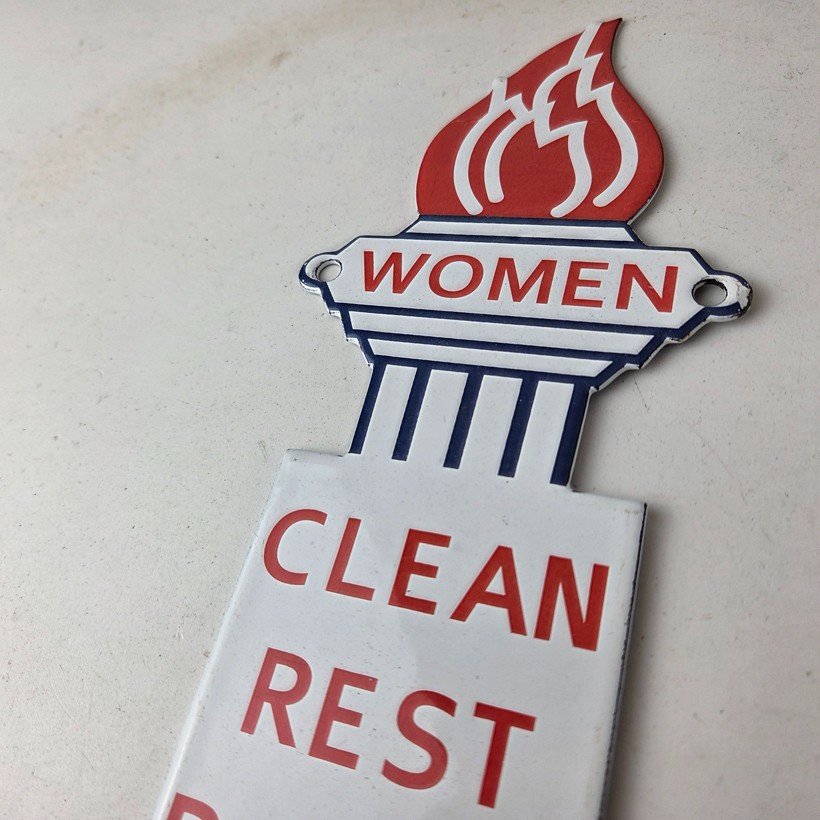 Vintage Clean Rest Rooms Porcelain Sign - Torch Flame Women Sign - Image 12