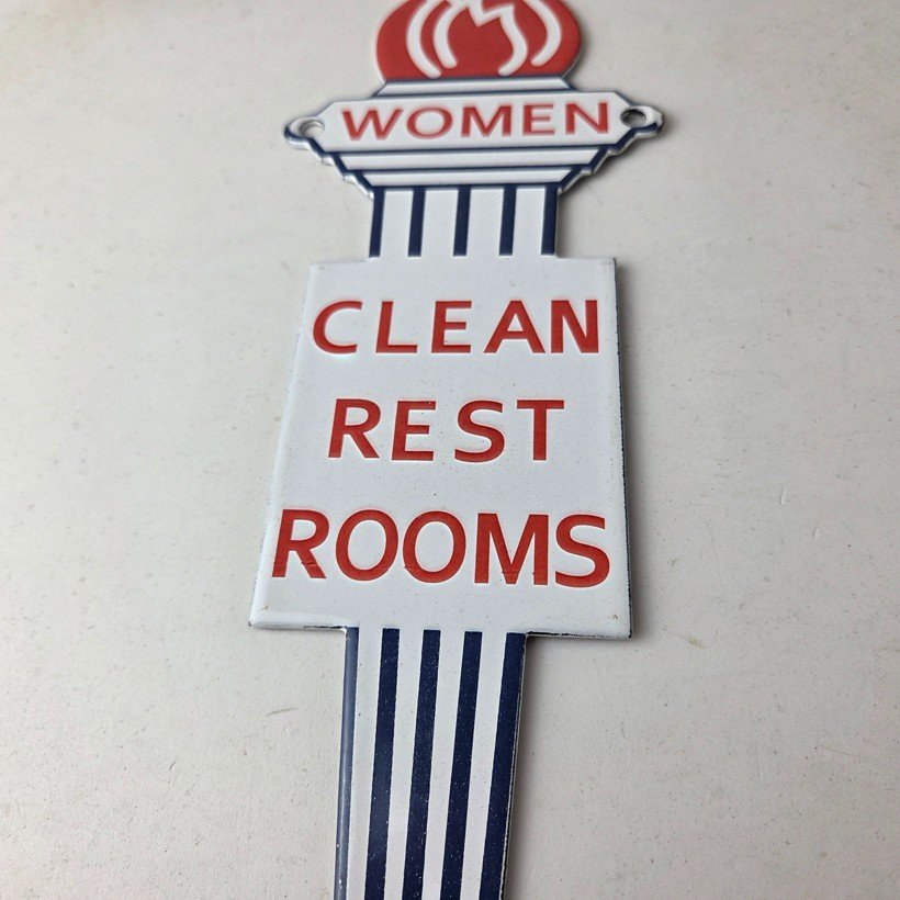Vintage Clean Rest Rooms Porcelain Sign - Torch Flame Women Sign - Image 4