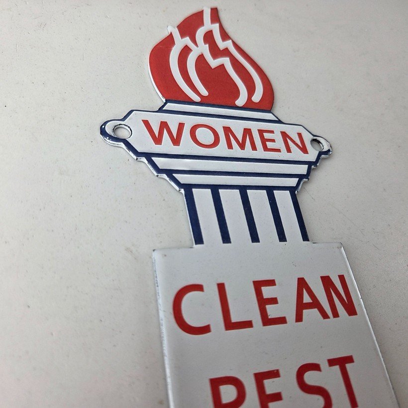 Vintage Clean Rest Rooms Porcelain Sign - Torch Flame Women Sign - Image 5