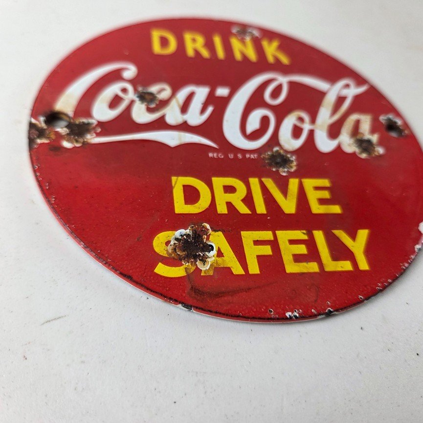 Vintage Coca Cola Porcelain Sign - Drive Safely Soda Pop Gas Pump Service Sign - Image 11