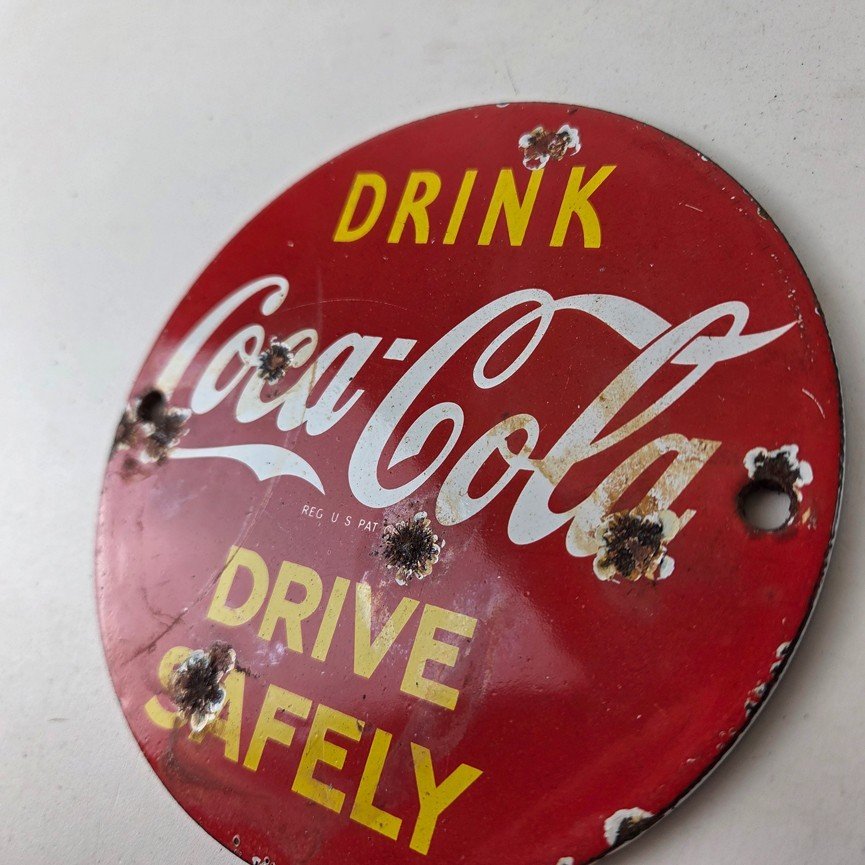 Vintage Coca Cola Porcelain Sign - Drive Safely Soda Pop Gas Pump Service Sign - Image 12