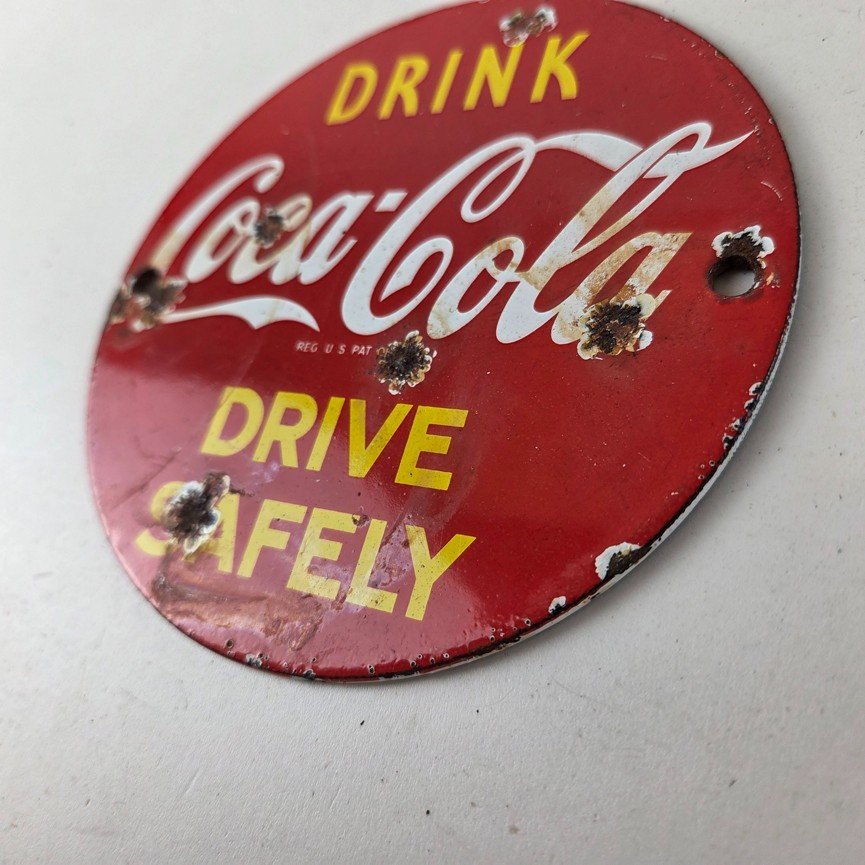 Vintage Coca Cola Porcelain Sign - Drive Safely Soda Pop Gas Pump Service Sign - Image 13