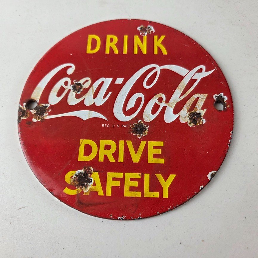 Vintage Coca Cola Porcelain Sign - Drive Safely Soda Pop Gas Pump Service Sign - Image 14