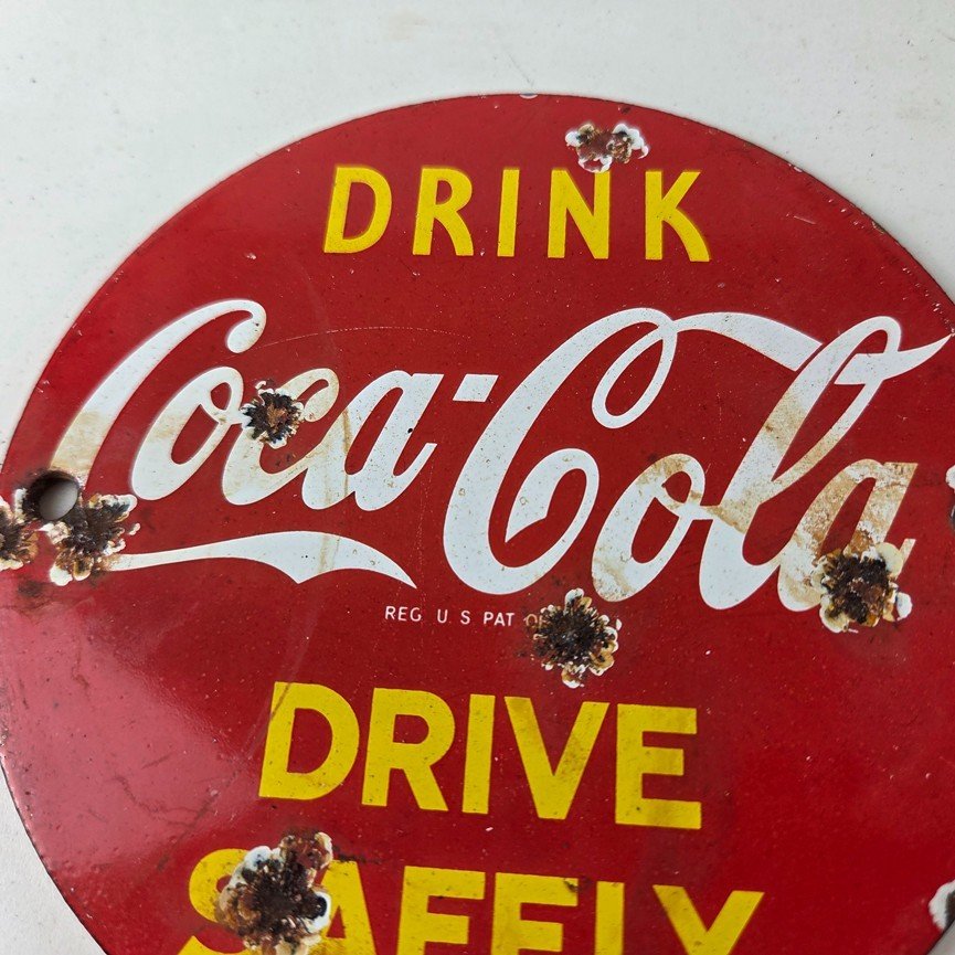 Vintage Coca Cola Porcelain Sign - Drive Safely Soda Pop Gas Pump Service Sign - Image 3