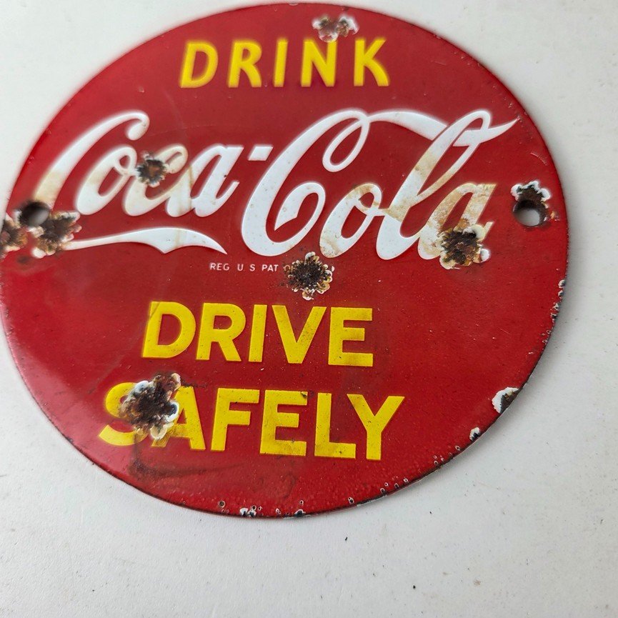 Vintage Coca Cola Porcelain Sign - Drive Safely Soda Pop Gas Pump Service Sign - Image 4