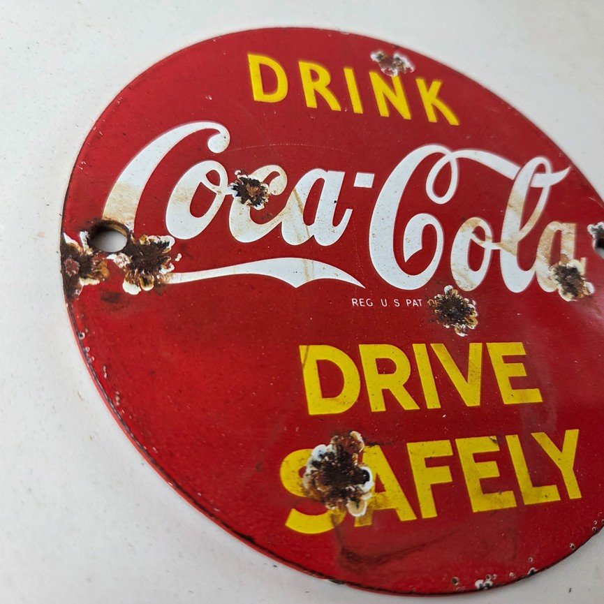Vintage Coca Cola Porcelain Sign - Drive Safely Soda Pop Gas Pump Service Sign - Image 6