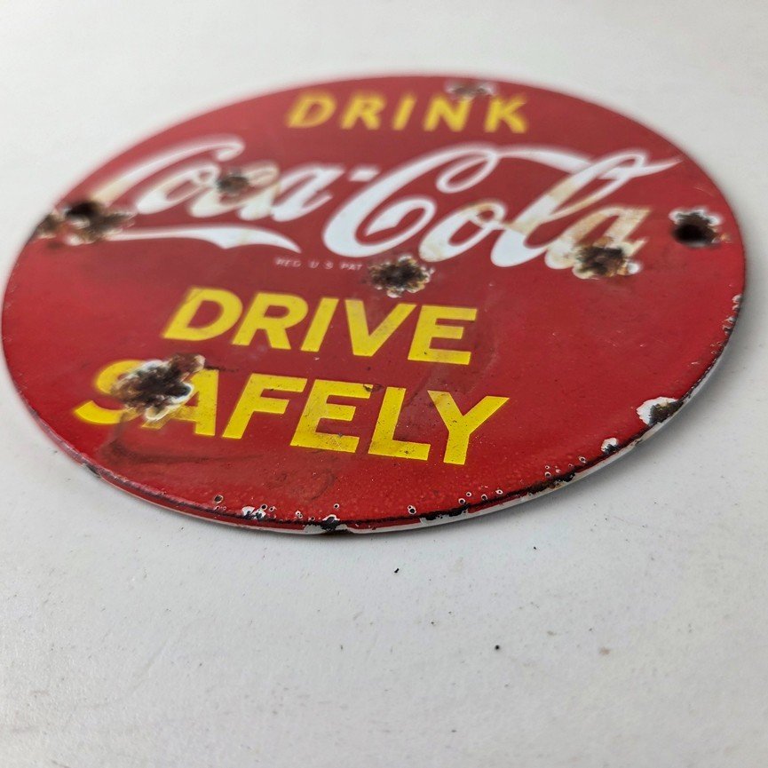 Vintage Coca Cola Porcelain Sign - Drive Safely Soda Pop Gas Pump Service Sign - Image 10