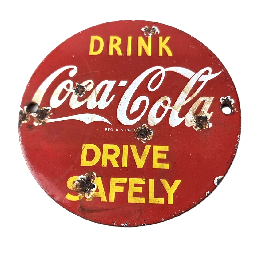 Vintage Coca Cola Porcelain Sign - Drive Safely Soda Pop Gas Pump Service Sign