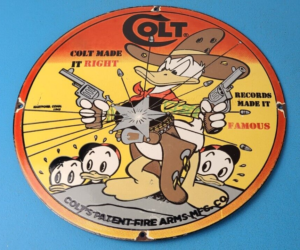 Vintage Colt Fire Arms Sign Donald Duck Revolvers Pistols Guns Gas Pump Sign 305900802617