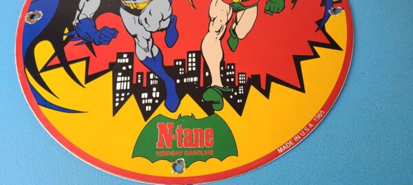 Vintage Conoco Gasoline Porcelain Sign - Batman Robin N-Tane Comic Gas Pump Sign - Image 12