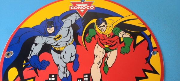 Vintage Conoco Gasoline Porcelain Sign - Batman Robin N-Tane Comic Gas Pump Sign - Image 13