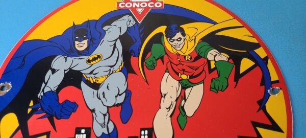 Vintage Conoco Gasoline Porcelain Sign - Batman Robin N-Tane Comic Gas Pump Sign - Image 3