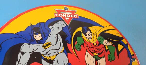 Vintage Conoco Gasoline Porcelain Sign - Batman Robin N-Tane Comic Gas Pump Sign - Image 5