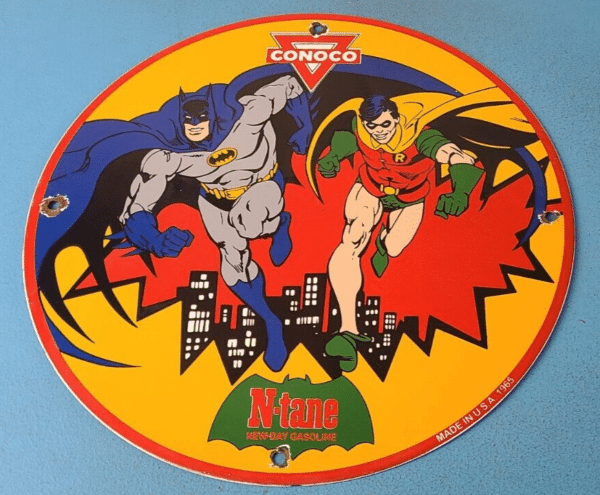 Vintage Conoco Gasoline Porcelain Sign - Batman Robin N-Tane Comic Gas Pump Sign