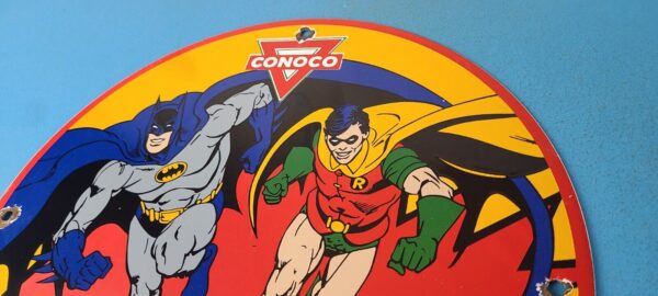 Vintage Conoco Gasoline Porcelain Sign - Batman Robin N-Tane Comic Gas Pump Sign - Image 8