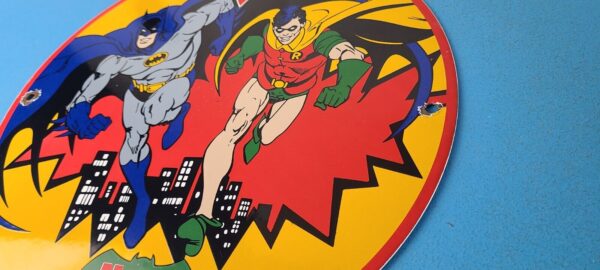 Vintage Conoco Gasoline Porcelain Sign - Batman Robin N-Tane Comic Gas Pump Sign - Image 9