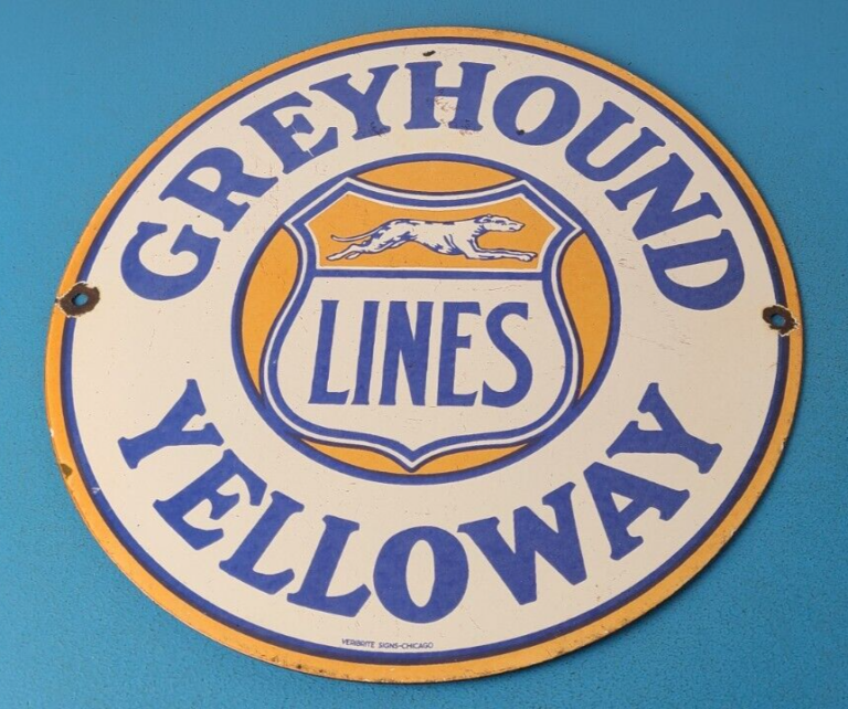 Vintage Greyhound Yelloway Porcelain Bus Line Company News Gas Pump Sign 306071117457