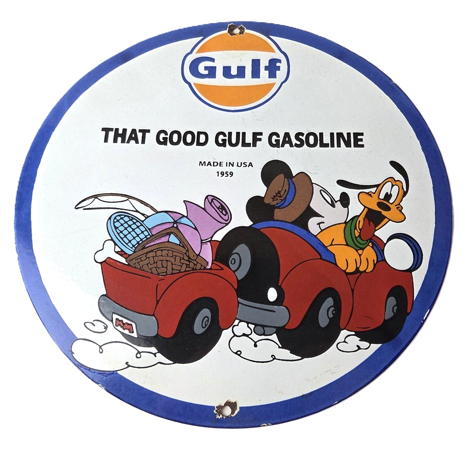 Vintage Gulf Gasoline Sign - Mickey Mouse Porcelain Gas Pump Station Sign