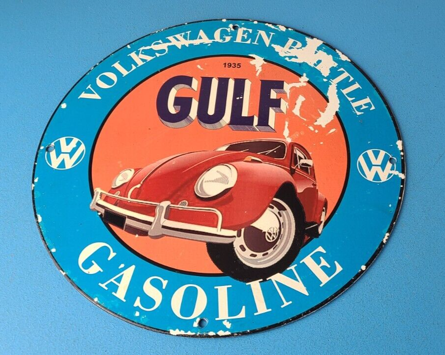 Vintage Gulf Gasoline Sign Volkswagen Gas Pump Station Beetle Porcelain Sign 305845079187