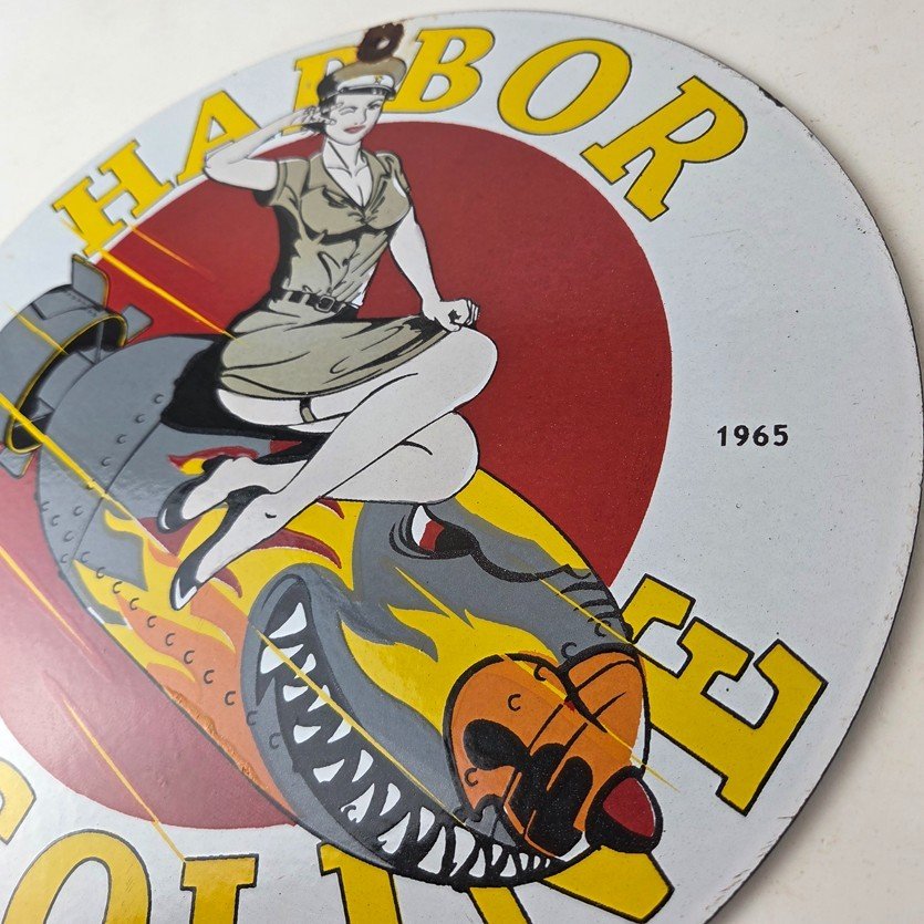Vintage Harbor Gasoline Sign - Bomber Girl Gas Pump Motor Oil Porcelain Sign - Image 13