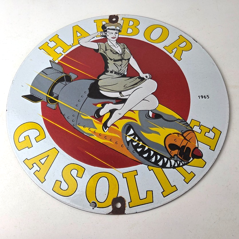 Vintage Harbor Gasoline Sign - Bomber Girl Gas Pump Motor Oil Porcelain Sign - Image 15