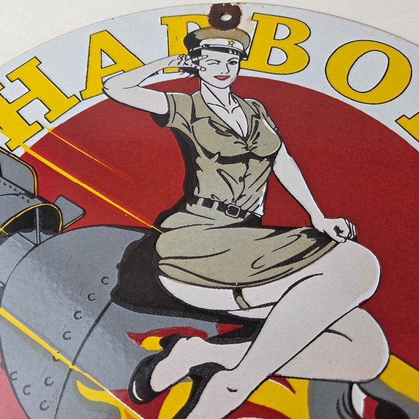 Vintage Harbor Gasoline Sign - Bomber Girl Gas Pump Motor Oil Porcelain Sign - Image 3