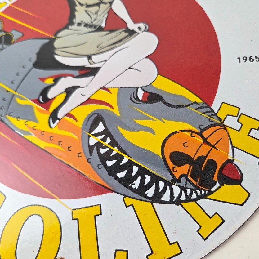 Vintage Harbor Gasoline Sign - Bomber Girl Gas Pump Motor Oil Porcelain Sign - Image 4