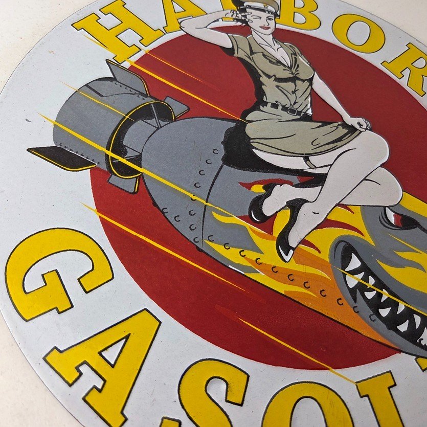 Vintage Harbor Gasoline Sign - Bomber Girl Gas Pump Motor Oil Porcelain Sign - Image 6